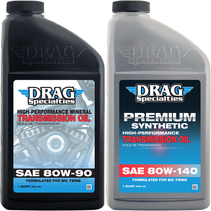 Two bottles of Drag Specialties Transmission Oil for Harley-Davidson from Drag Specialties, including one SAE 80W-90 mineral oil and one SAE 80W-140 premium synthetic transmission oil, both formulated specifically for high-performance Big Twin transmissions.