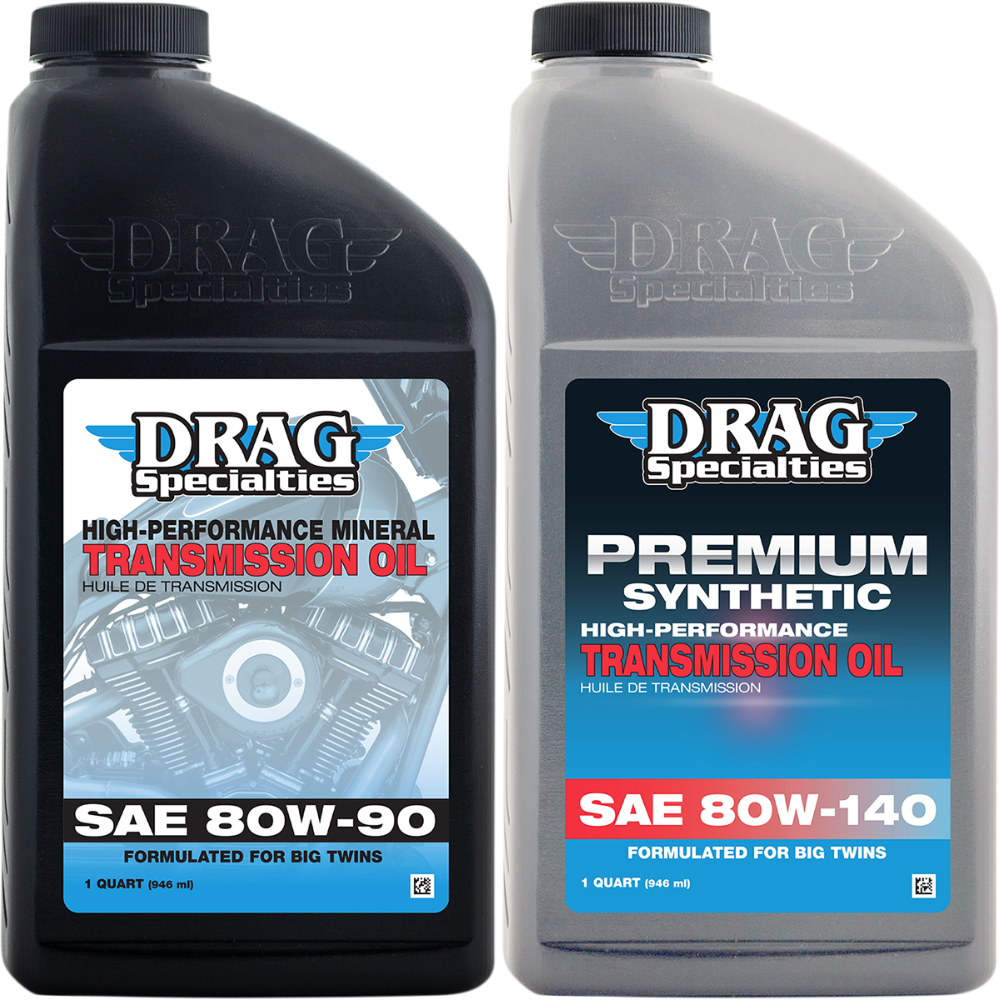 Two bottles of Drag Specialties Transmission Oil for Harley-Davidson from Drag Specialties, including one SAE 80W-90 mineral oil and one SAE 80W-140 premium synthetic transmission oil, both formulated specifically for high-performance Big Twin transmissions.