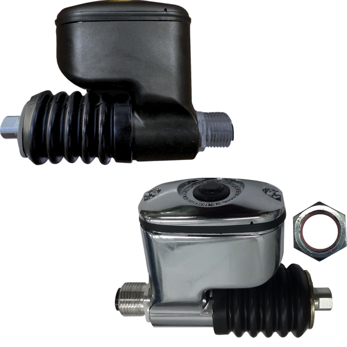 Two mechanical valve actuators—one black plastic, one chrome metal—plus a hex nut and washer are shown, compatible with the Drag Specialties Rear Brake Master Cylinder for 2006-2017 Harley-Davidson Dyna.