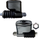 Two mechanical valve actuators—one black plastic, one chrome metal—plus a hex nut and washer are shown, compatible with the Drag Specialties Rear Brake Master Cylinder for 2006-2017 Harley-Davidson Dyna.