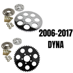 Two TC Bros. Belt-to-Chain Conversion Kits for Harley-Davidson Dyna 2006-2017, each with sprockets, bolts, and washers—one chrome and one black finish.