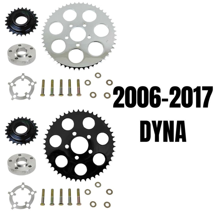 Two TC Bros. Belt-to-Chain Conversion Kits for Harley-Davidson Dyna 2006-2017, each with sprockets, bolts, and washers—one chrome and one black finish.