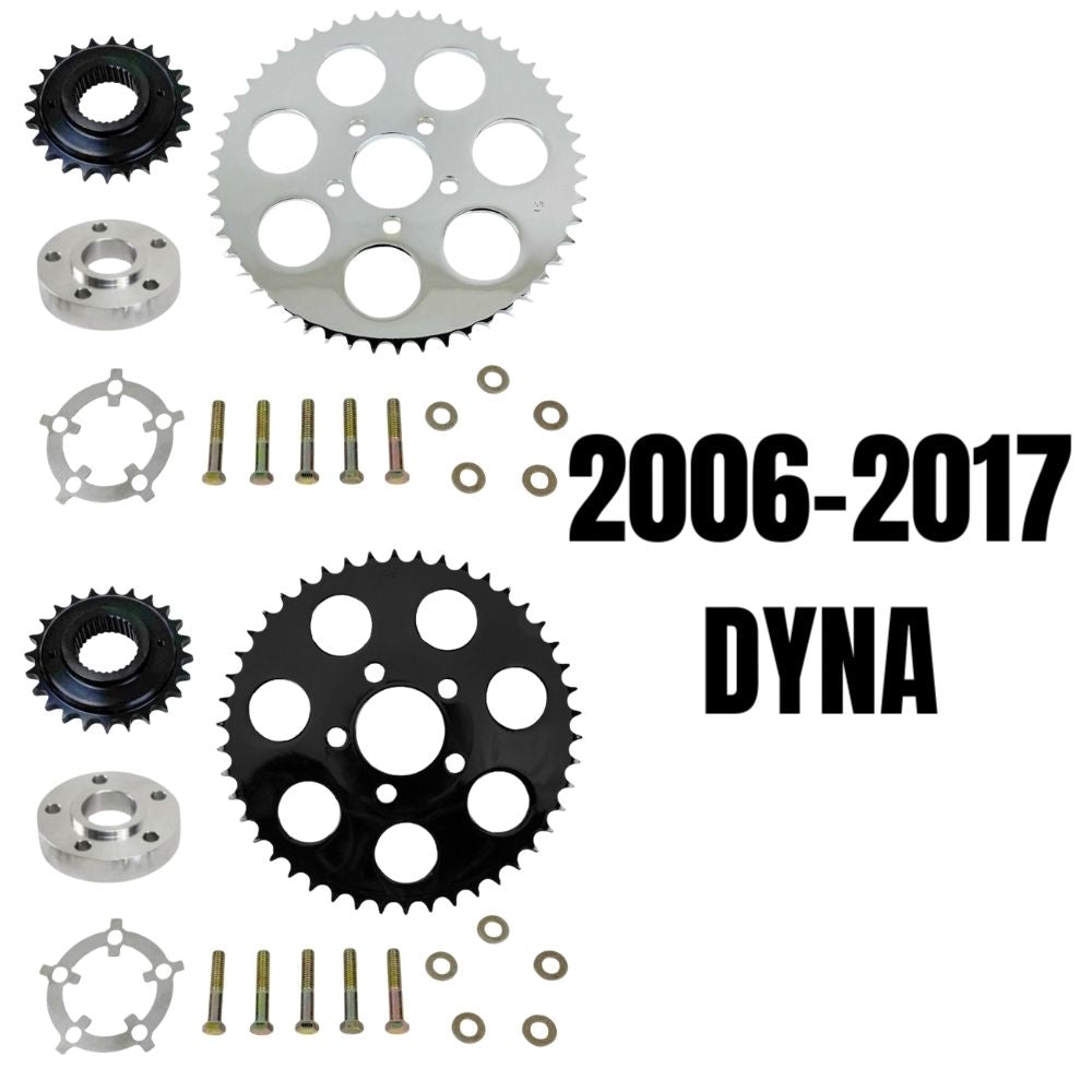 Two TC Bros. Belt-to-Chain Conversion Kits for Harley-Davidson Dyna 2006-2017, each with sprockets, bolts, and washers—one chrome and one black finish.