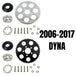 Two TC Bros. Belt-to-Chain Conversion Kits for Harley-Davidson Dyna 2006-2017, each with sprockets, bolts, and washers—one chrome and one black finish.