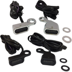 Moto Iron LED Handlebar Marker Lights for 1996-2017 Harley-Davidson, featuring four lights with wiring and mounting hardware, including two chrome and two black turn signals.