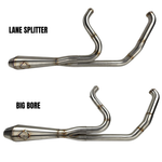 The SP Concepts Exhaust System for 2006-2017 Harley-Davidson Dyna, shown above as a 2-into-1 stainless steel kit with mounting hardware, is installed on a Dyna in the lower part of the image.