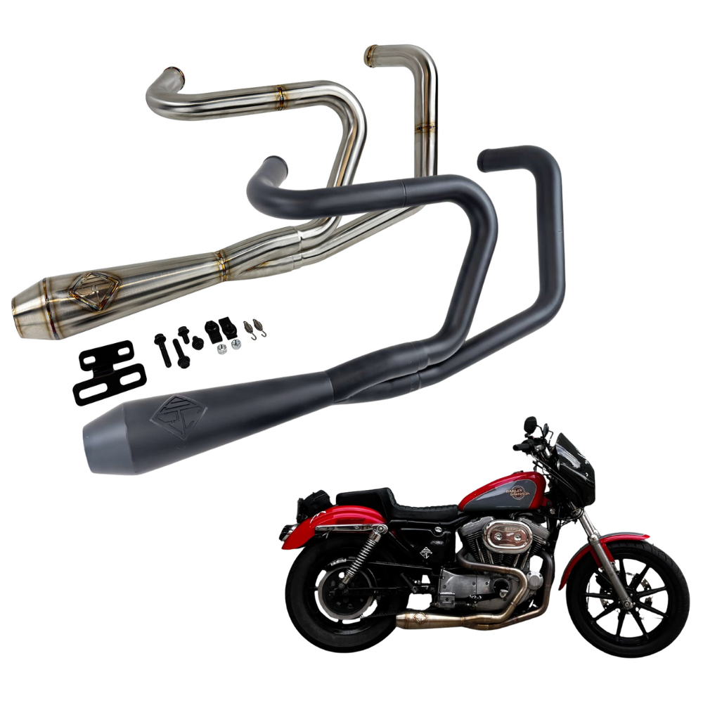 SP Concepts Exhaust System kit for 1986-2003 Harley-Davidson Sportster includes pipes and hardware. Shown with a black and red Sportster for reference. Features a 2-into-1 Lane Splitter design for improved performance and style.
