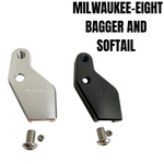 Two metal brackets, one silver and one black, each with a matching screw and bolt, displayed on a white background. Text reads "TC Bros. Pro Series Easy Shift Lever Extension for Harley-Davidson Big Twin—Milwaukee-Eight.