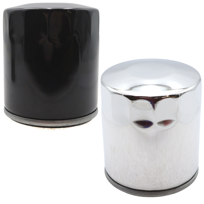 Two upright Mid-USA Oil Filters for Harley-Davidson Evolution motorcycles are shown: one with a chrome finish and one with a matte black finish.
