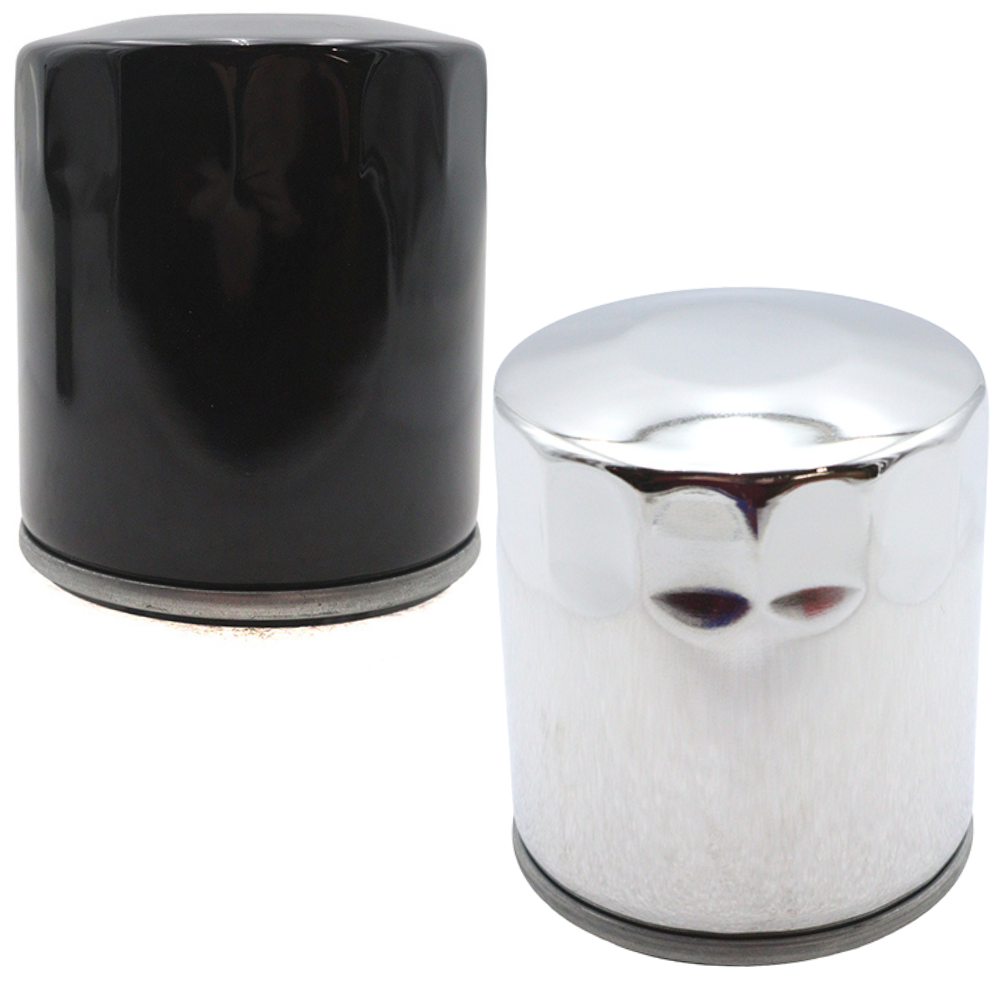 Two upright Mid-USA Oil Filters for Harley-Davidson Evolution motorcycles are shown: one with a chrome finish and one with a matte black finish.