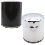 Two upright Mid-USA Oil Filters for Harley-Davidson Evolution motorcycles are shown: one with a chrome finish and one with a matte black finish.