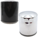 Two upright Mid-USA Oil Filters for Harley-Davidson Evolution motorcycles are shown: one with a chrome finish and one with a matte black finish.