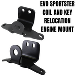 Pair of TC Bros. black metal brackets for Sportster Evolution engine key and coil relocation mount, shown at various angles. Ideal as a custom motorcycle ignition bracket, with text describing the product’s purpose on the right.