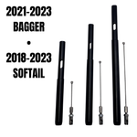 Four black cylindrical rods and four metal cables, including a Fat Baggers E-Z Install Clutch Cable Extension, are shown side by side for 2018-2024 Harley-Davidson Touring and Softail models from Fat Baggers, Inc.