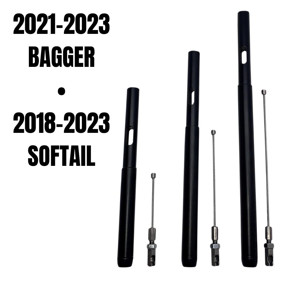 Four black cylindrical rods and four metal cables, including a Fat Baggers E-Z Install Clutch Cable Extension, are shown side by side for 2018-2024 Harley-Davidson Touring and Softail models from Fat Baggers, Inc.