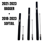 Four black cylindrical rods and four metal cables, including a Fat Baggers E-Z Install Clutch Cable Extension, are shown side by side for 2018-2024 Harley-Davidson Touring and Softail models from Fat Baggers, Inc.