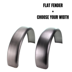 Two TC Bros. Flat Bobber/Chopper Fenders by TC Bros. are shown side by side with "FLAT FENDER • CHOOSE YOUR WIDTH" above them on a white background, perfect for use as motorcycle rear or flat bobber fenders.