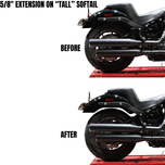 Two identical TC Bros. Shock Extensions for 2018-Up Harley-Davidson Softail, black metal with "TC Bros." engraving, shown side by side on a white background—perfect for upgrading your motorcycle suspension or lift kit.