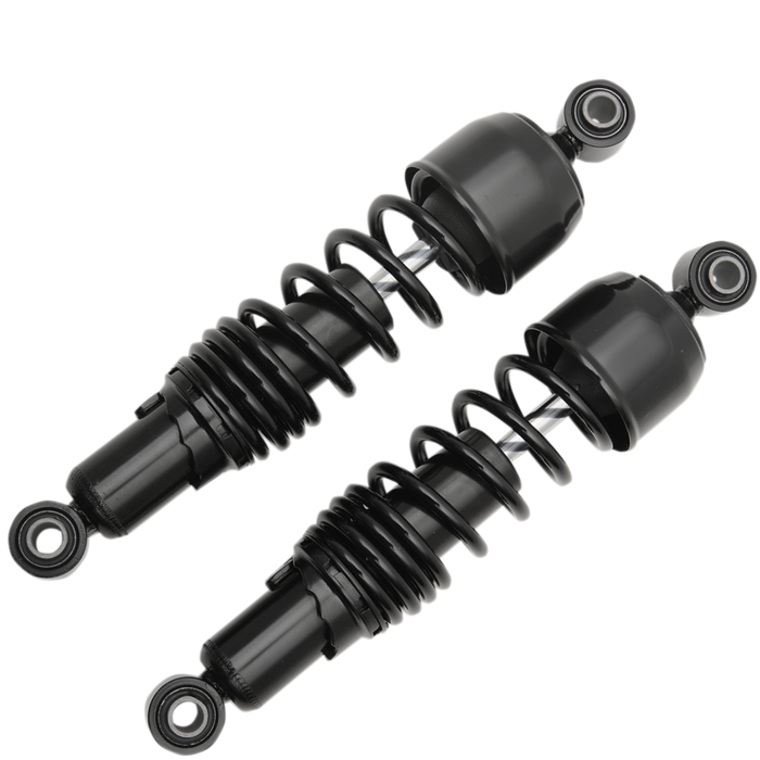 Four Drag Specialties Replacement Shocks for 1957-2017 Harley-Davidson motorcycles—two chrome, two black—are arranged parallelly on a white background.