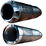 Two metallic exhausts featuring Fab 28 Modular End Caps, with "FAB28 INDUSTRIES" engraved on the side, are displayed against a white background. Brand: Fab 28. Product: Fab 28 Modular End Cap for Fab 28 Exhaust.
