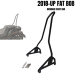 The TC Bros. Sissy Bar for 2018-Up Harley-Davidson Fat Bob, shown installed and separately against a white background, includes mounting hardware for easy bolt-on installation. Brand: TC Bros.