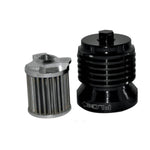 A PC Racing Reusable Oil Filter for 1984-Up Harley-Davidson Big Twin, featuring a metal construction with vertical slats, is displayed alongside a black cylindrical oil filter housing labeled with an arrow and the word "FLOW.