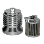 A PC Racing Reusable Oil Filter For Harley 1980-2023 - Polished filter provides superior filtration for Harley motorcycles from 1980-2023.