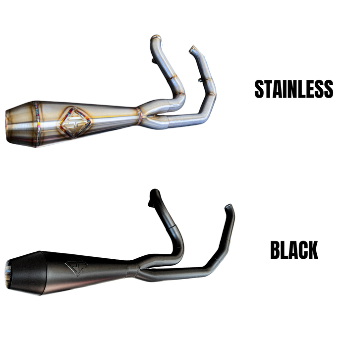 Four SP Concepts exhaust systems for 1996-2016 Harley-Davidson Touring bikes are shown, including a close-up of a stainless steel SP Concepts exhaust installed on a bike.