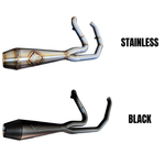 Four SP Concepts exhaust systems for 1996-2016 Harley-Davidson Touring bikes are shown, including a close-up of a stainless steel SP Concepts exhaust installed on a bike.