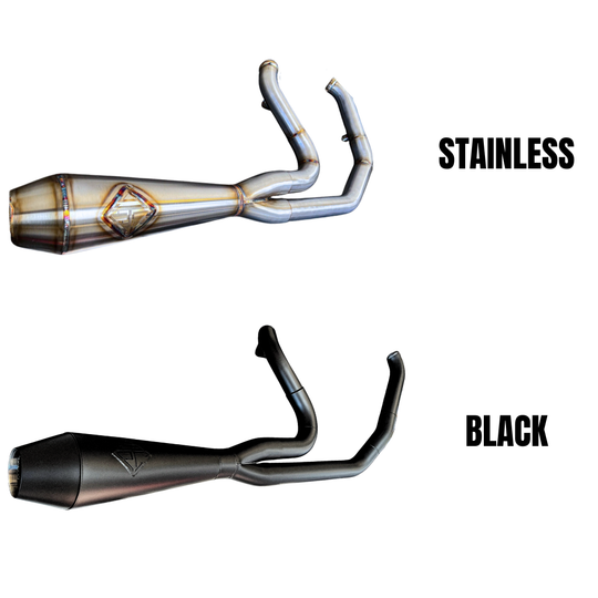 Four SP Concepts exhaust systems for 1996-2016 Harley-Davidson Touring bikes are shown, including a close-up of a stainless steel SP Concepts exhaust installed on a bike.