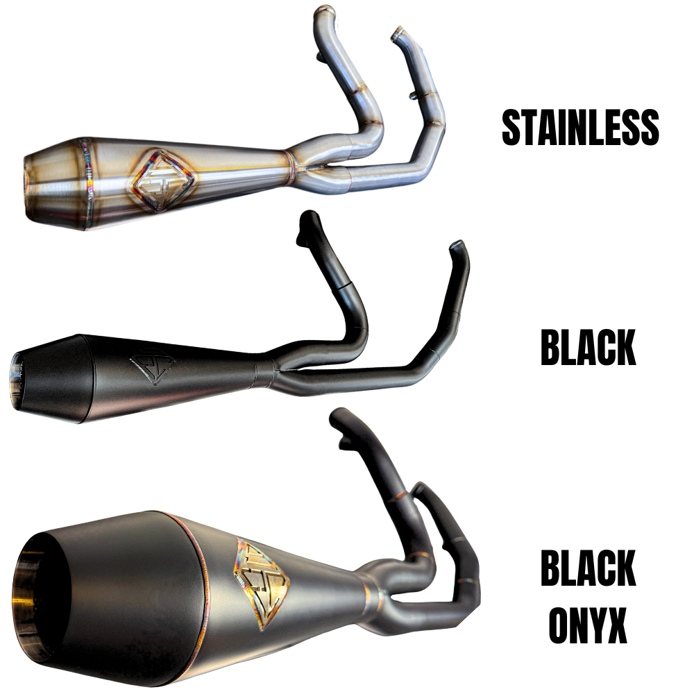 SP Concepts Lane Splitter Exhaust for Harley Touring 2017-2025 is shown in stainless steel, black, and black onyx finishes—labeled side by side—offering stylish customization options for your ride.