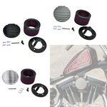 Three TC Bros. Finned Air Cleaner kits for Harley-Davidson CV carburetors and EFI throttle bodies are shown with components; one is installed on a bike in the background.