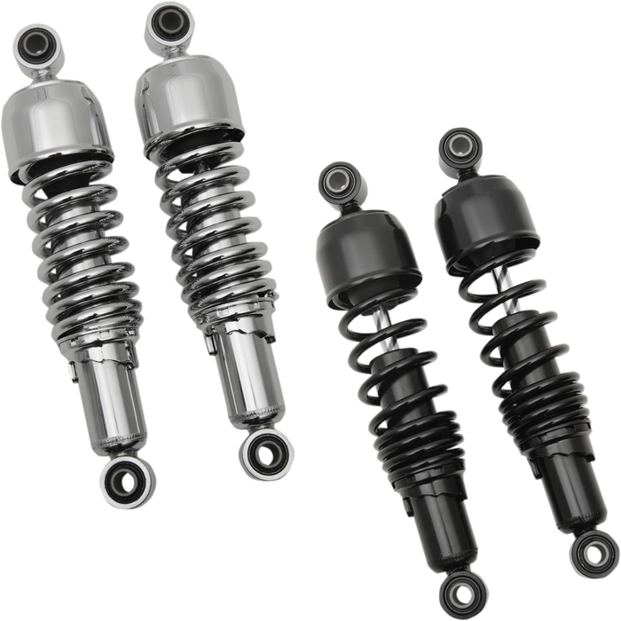 Two pairs of Drag Specialties Replacement Shocks for 1980-2025 Harley-Davidson Touring are shown—one chrome, one black—side by side on a white background, perfect replacement parts for your Harley, from Drag Specialties.