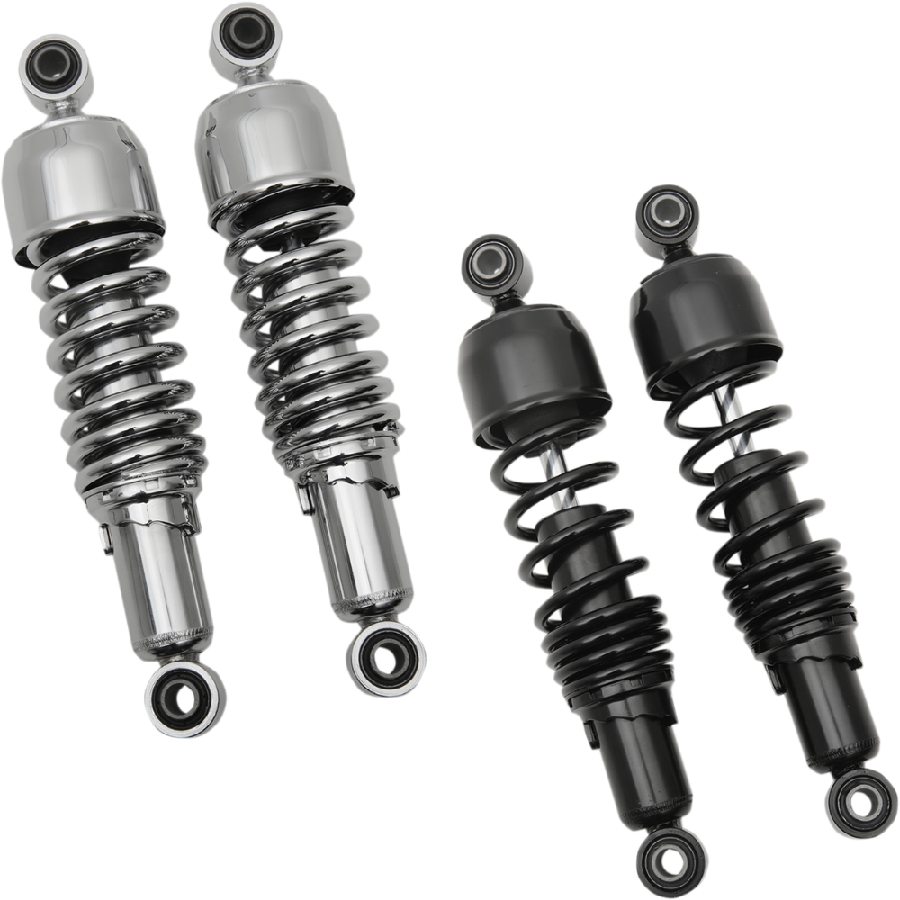 Two pairs of Drag Specialties Replacement Shocks for 1980-2025 Harley-Davidson Touring are shown—one chrome, one black—side by side on a white background, perfect replacement parts for your Harley, from Drag Specialties.