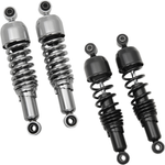 Two pairs of Drag Specialties Replacement Shocks for 1980-2025 Harley-Davidson Touring are shown—one chrome, one black—side by side on a white background, perfect replacement parts for your Harley, from Drag Specialties.