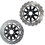 Two TC Bros. motorcycle brake rotors are shown: one is a 12.6" oversized rear floating rotor with a wavy edge for 2000-Up Harley-Davidson wheels, and the other has a smooth circular edge.