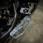 Three TC Bros. Pro Series MX Brake Pedal Pads for 1984-Up Harley-Davidson Touring in silver, black, and gold, each with a bolt-studded X-pattern—ideal for upgrading your Harley Bagger brake pedal pad.