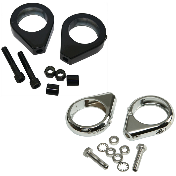 Two pairs of HardDrive Clamp-On Turn Signal Mounts for Harley-Davidson fork tubes—one black, one silver—each with matching screws, nuts, and washers, displayed on a white background.
