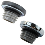 Two Moto Iron® Screw-in Fuel Caps for Harley-Davidson and Custom, one matte and one chrome, each with ribbed silicone inserts, are displayed against a white background.