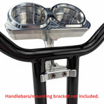 Two TC Bros. Pro Series Gauge Relocation Bezels for 2014-2023 Harley-Davidson Road Glide are shown—machined billet aluminum with dual circular openings—in matte black and polished silver, against a white background.