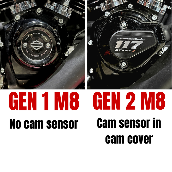 The Trask Assault Charge High-Flow Air Cleaner for Second Gen Harley-Davidson M8 features two round filters—chrome or black—with exposed red elements and visible mounting bolts, giving your bike&