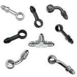 Seven metallic and black Goodridge Universal AN-Type Brake Line Fittings by Goodridge are arranged in a circle around a T-shaped fitting, ideal for brake or hydraulic systems, set against a white background.