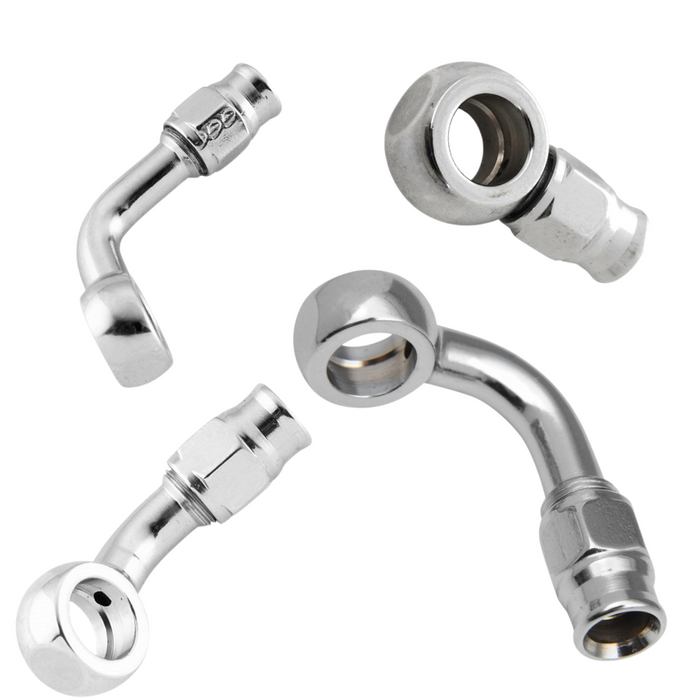 Four Goodridge Universal Brake Line Fittings for Cut-To-Length Brake Lines, each with a 90-degree metal end, are displayed on a white background—ideal for custom brake line installations.