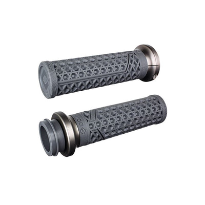 Twelve Vans Lock-on Grips for Harley-Davidson TBW by ODI, in brown, black, and red with assorted end caps, are arranged in four rows of three and feature ODI grip technology for superior comfort and control.
