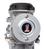 A close-up of a motorcycle engine showcases a Sportster points cover with a red and black emblem. Shiny chrome parts reflect light, highlighting Pangor Cycles' Cheap Sucker Bird Catcher/Air Cleaner for Harley-Davidson Carburetors, against a blurred background for sleek focus.