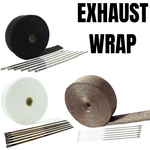 Three rolls of TC Bros. Header Wrap Kit in black, white, and brown are shown with metal zip ties for heat protection. Bold "EXHAUST WRAP" text emphasizes this durable motorcycle header wrap kit by TC Bros.