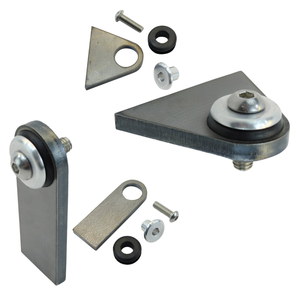 TC Bros. Heavy Duty Rubber Mounting Tabs by TC Bros., with metal brackets, screws, washers, CNC-laser cut tabs, and rubber grommets shown arranged separately and partially assembled on a white background.