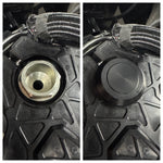 Two round metal TC Bros. Steering Stem Nut Covers for Pro Series Top Triple Tree Clamp, one black and one silver, rest side by side on a plain white background.