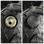 Two round metal TC Bros. Steering Stem Nut Covers for Pro Series Top Triple Tree Clamp, one black and one silver, rest side by side on a plain white background.