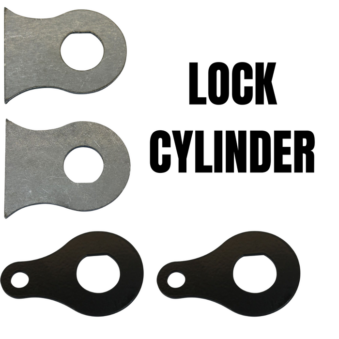 Four TC Bros. Ignition Switch Mounting Tabs—two silver, two black—each with a keyhole cutout and small extension, ideal for chopper ignition switches. Bold "LOCK CYLINDER" text appears on the right. Brand: TC Bros.